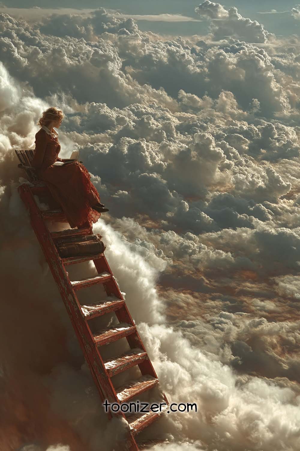 Person sitting on ladder above clouds, reading book.