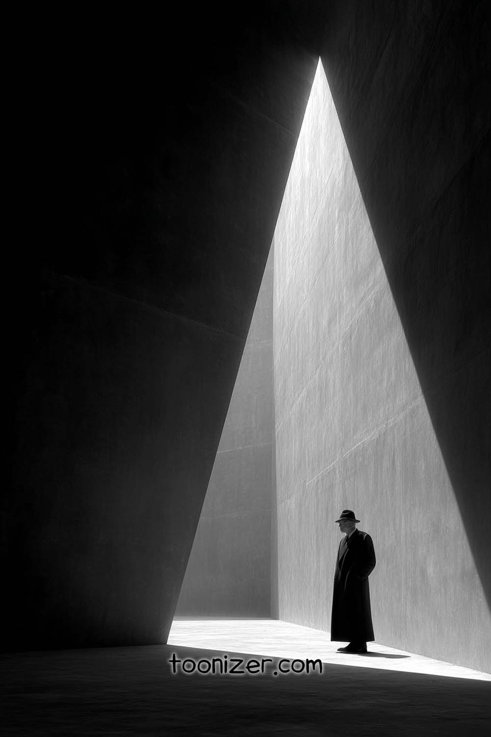 Person in hat standing in triangular light beam.