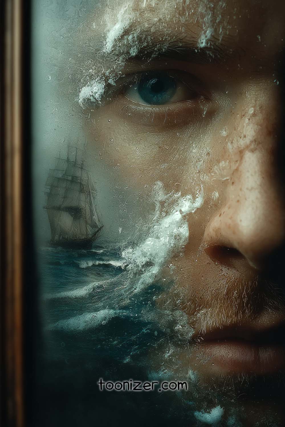 Man's face reflected on stormy sea with ship.