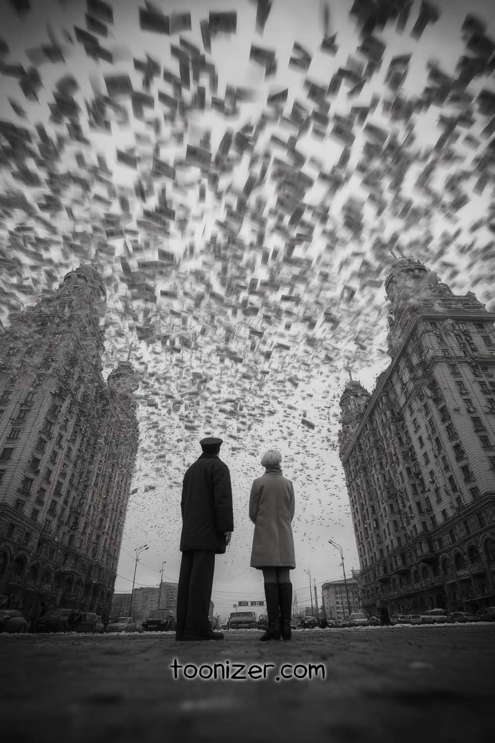 People watching flying papers between two tall buildings.