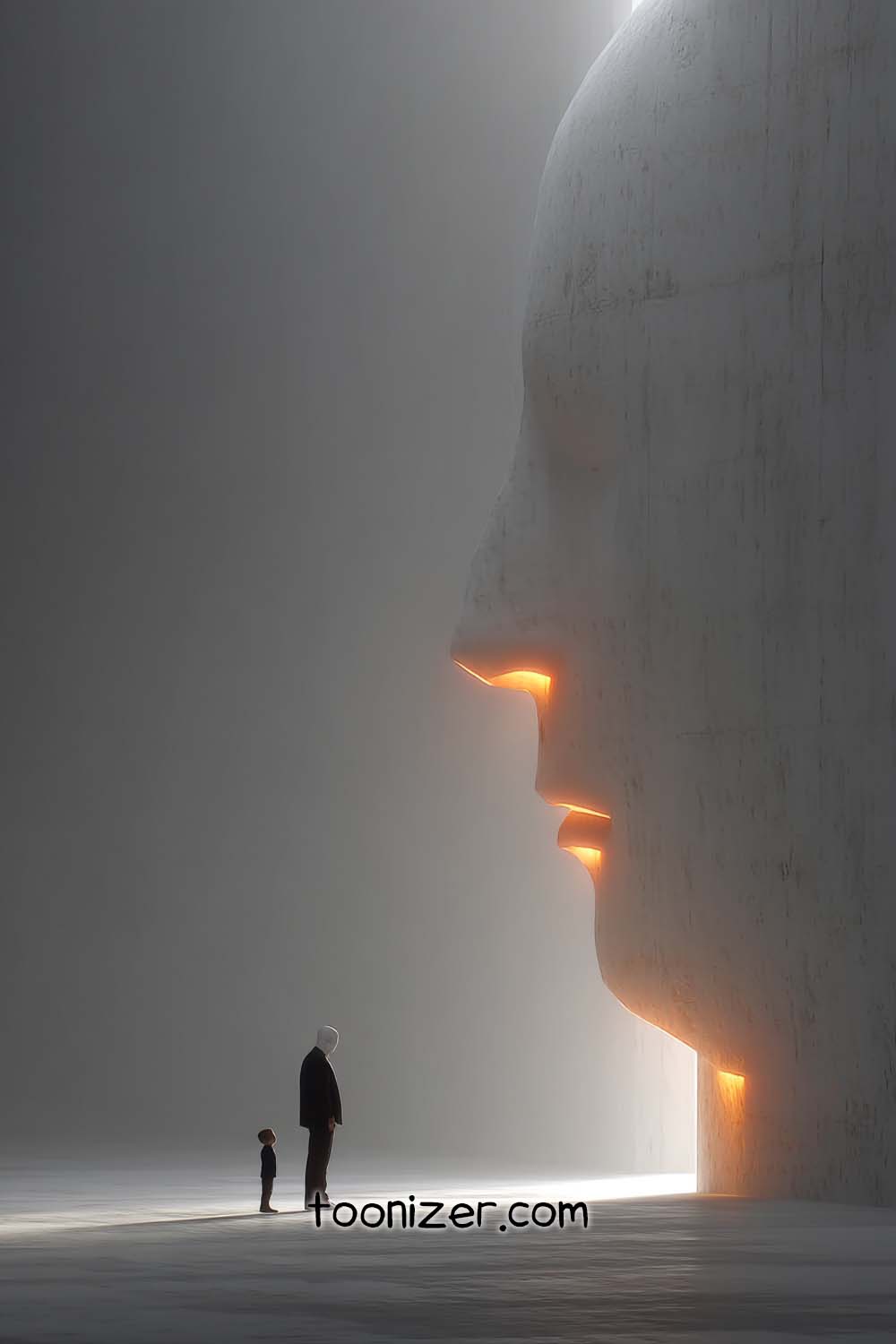People stand beside glowing face sculpture entrance.