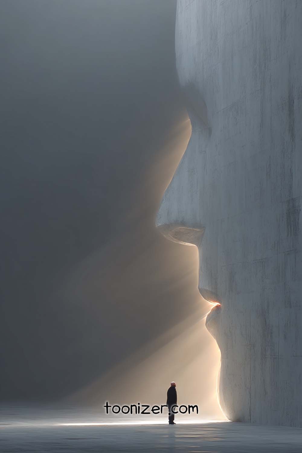 Person gazing at large abstract face sculpture.