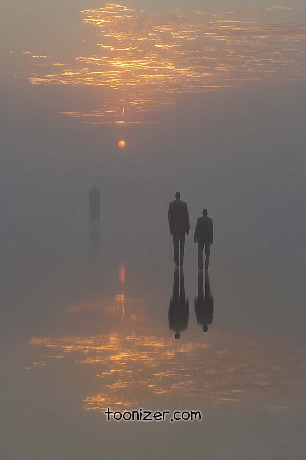 Two silhouettes walking towards foggy sunrise.