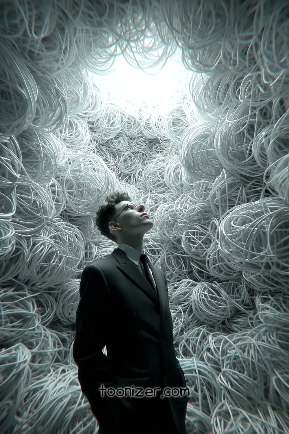 Person in suit surrounded by tangled wires