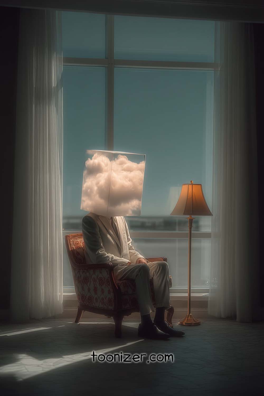 Person with cloud head sitting indoors