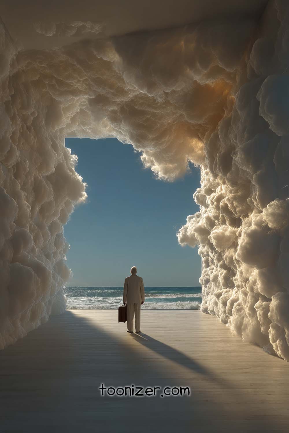 Man standing in cloud entrance to beach.