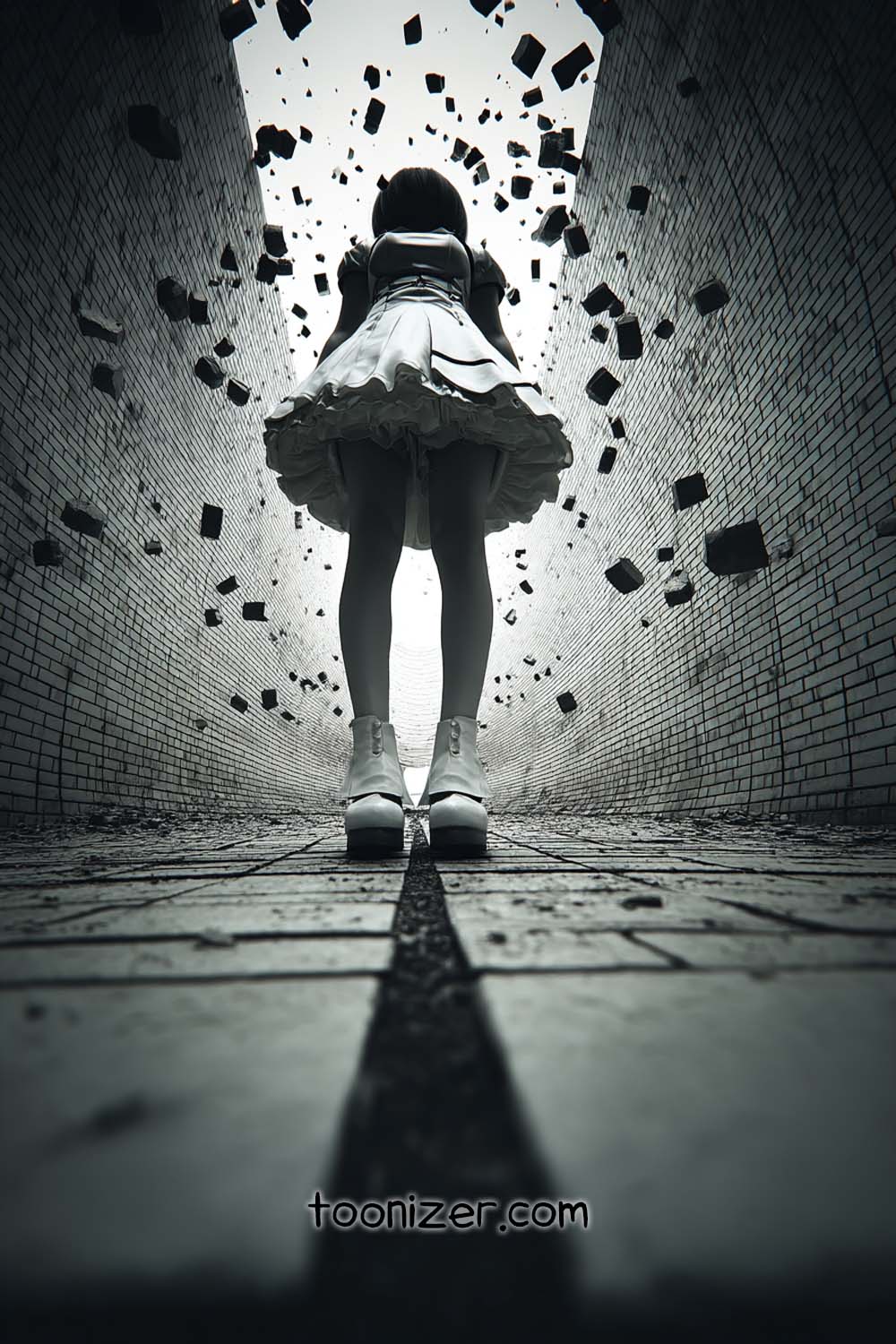 Girl in tunnel with floating bricks