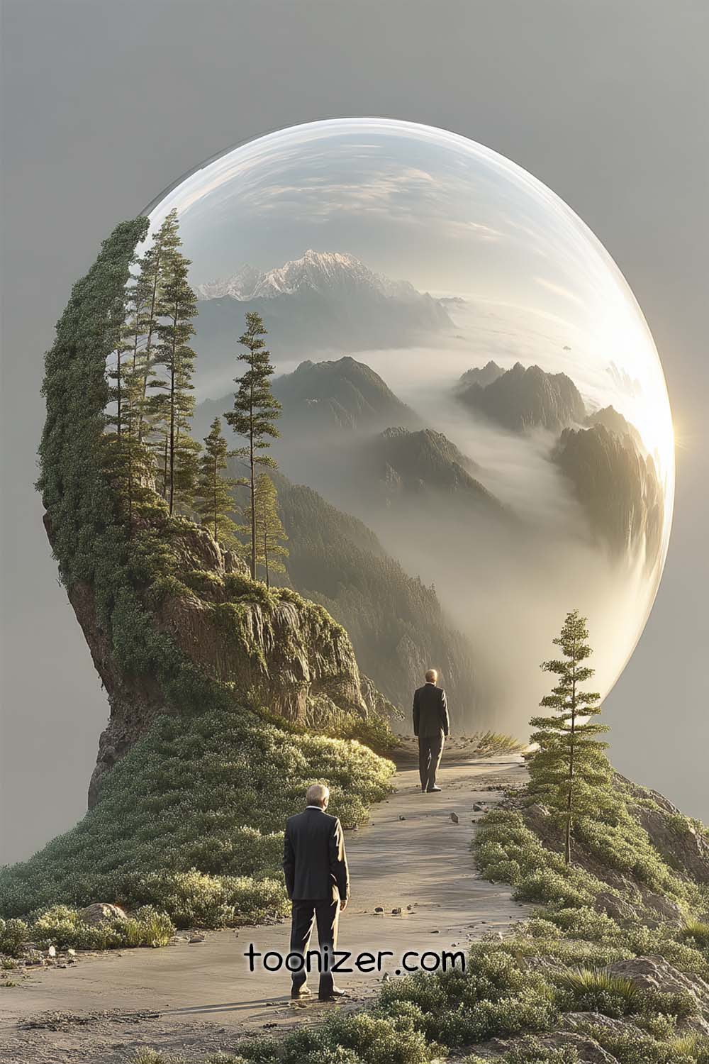 Surreal landscape with mountains and trees inside sphere.