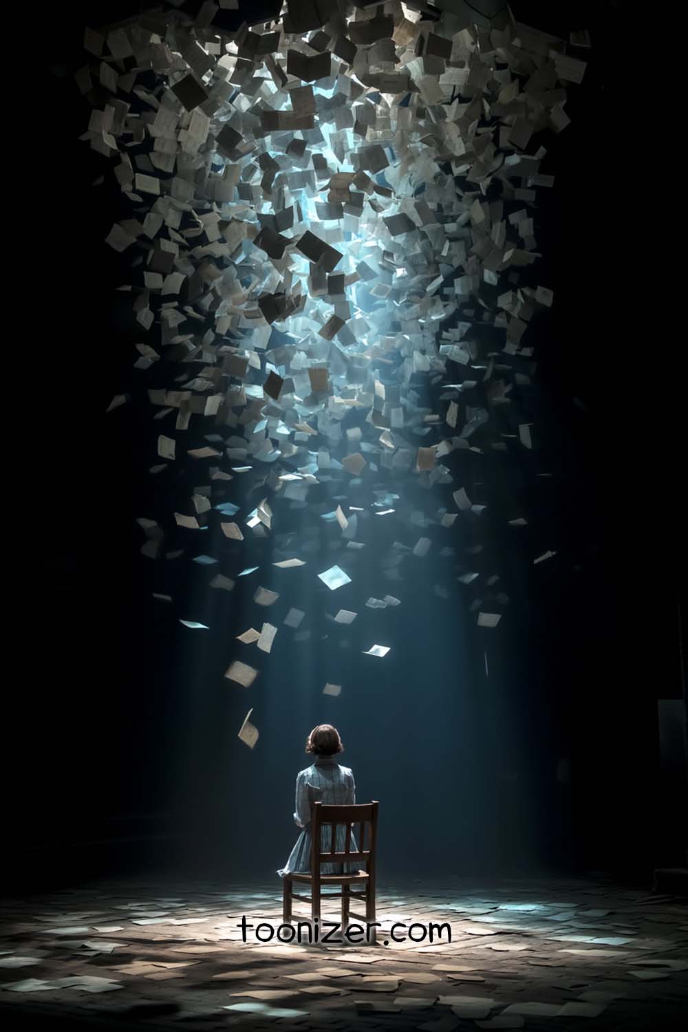 Woman under falling papers in spotlight, dramatic scene.