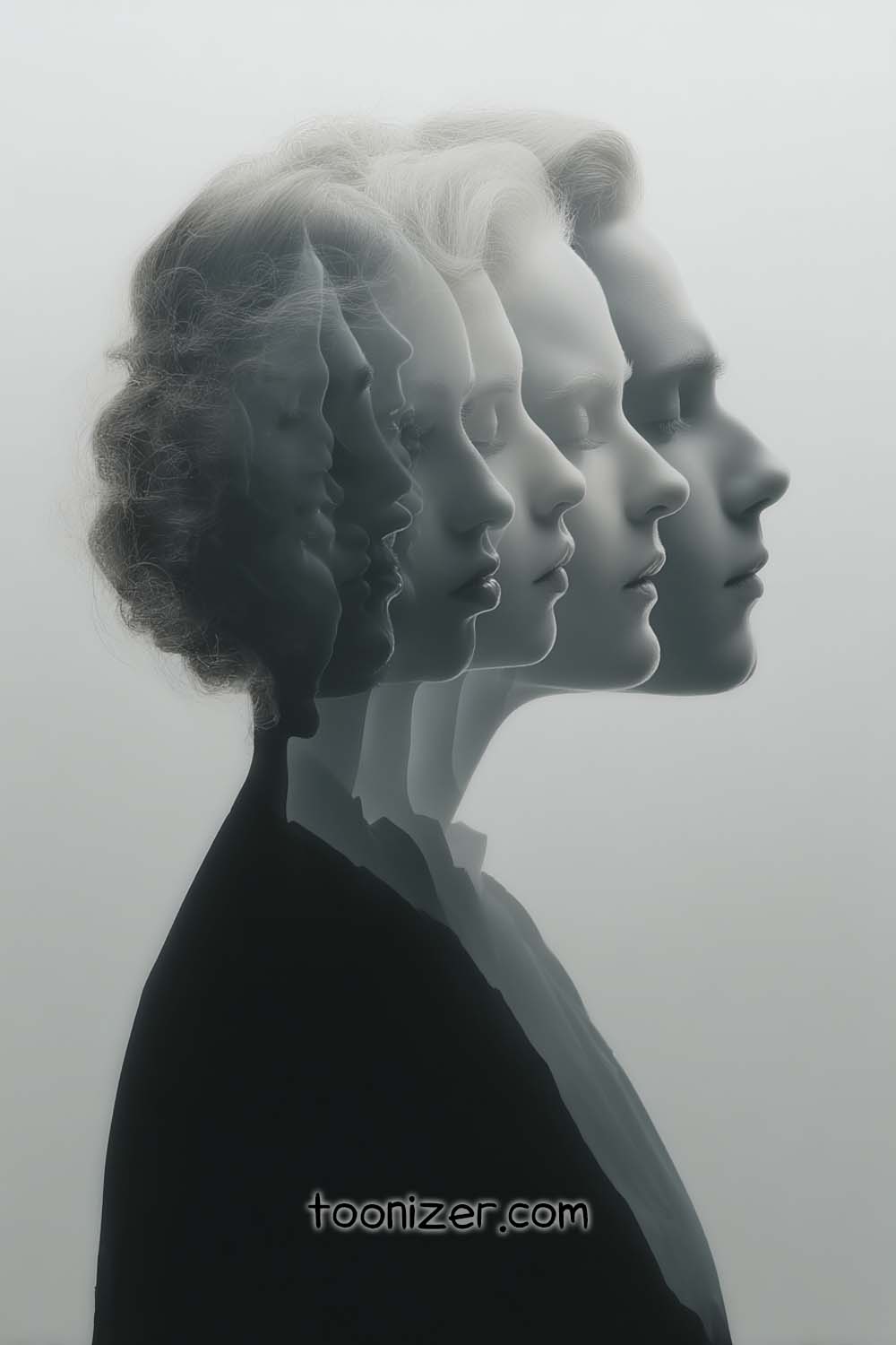Blurred human profile silhouettes in grayscale