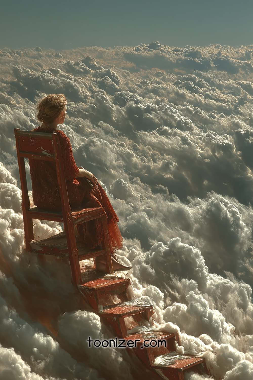 Woman on chair overlooking clouds and stairs