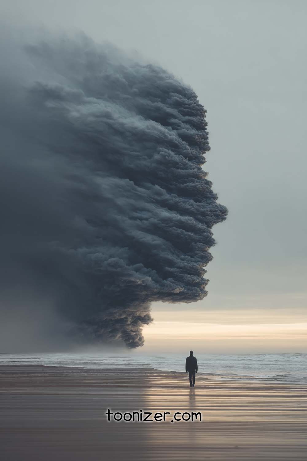 Person walking on beach with towering cloud face