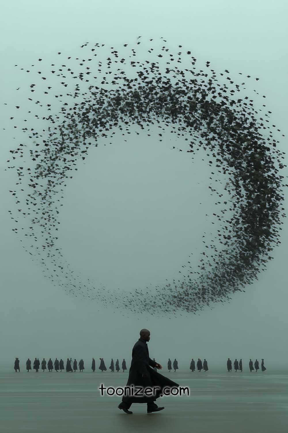Man walking beneath swirling flock of birds in sky.