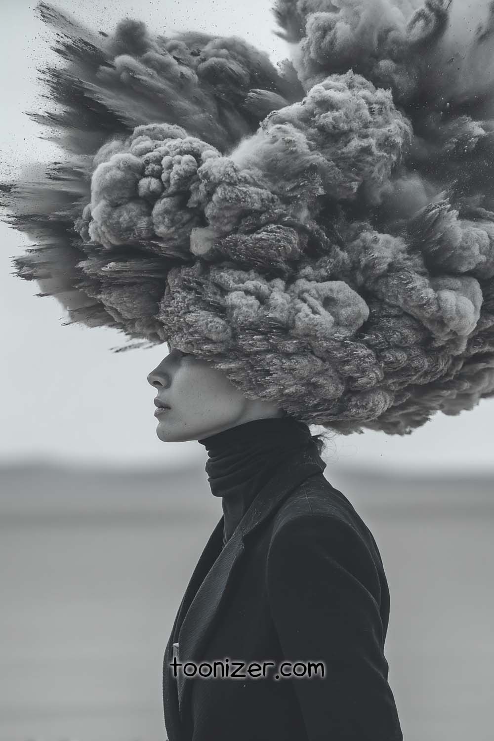 Person with cloud explosion hair, surreal portrait.