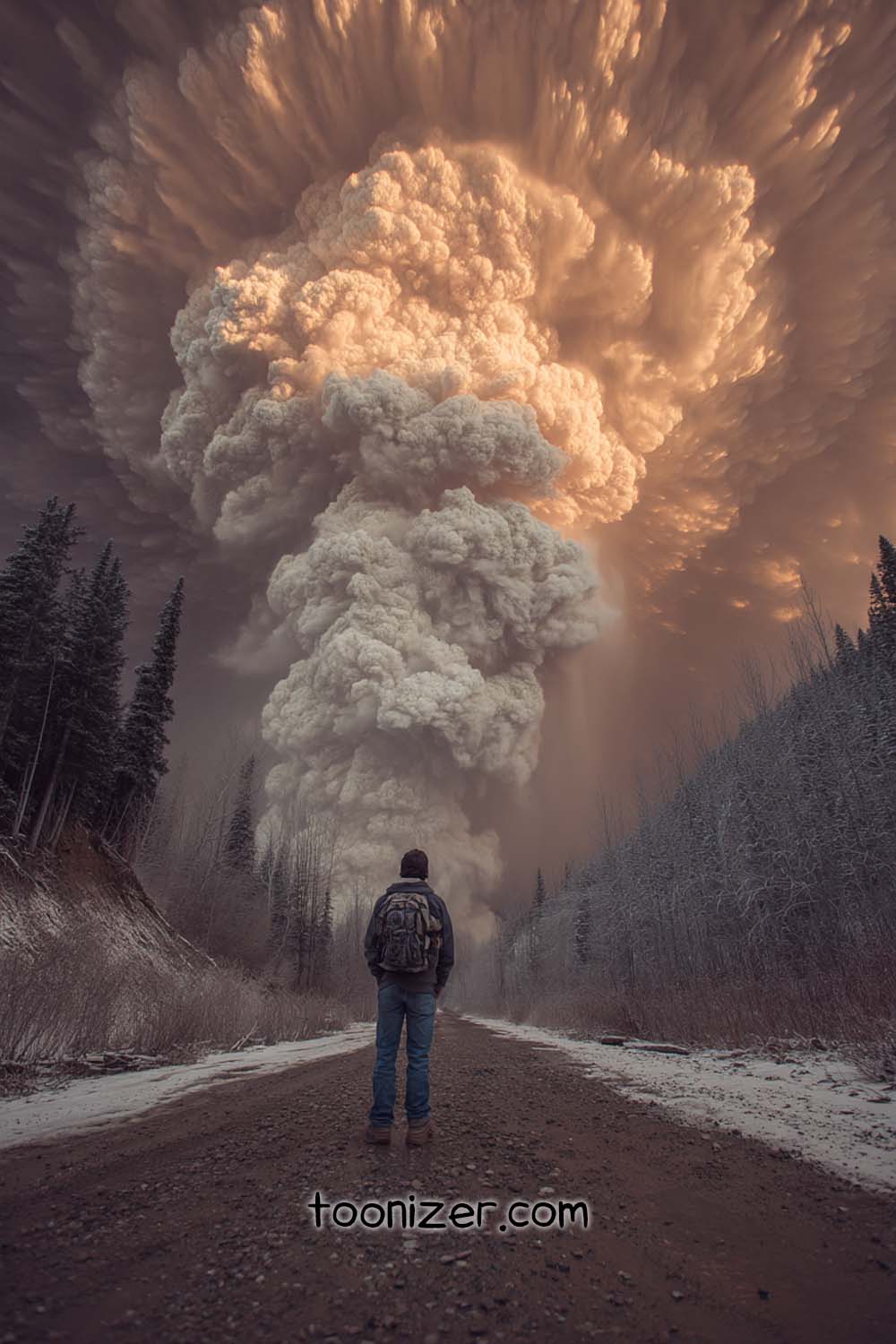 Person facing massive volcanic eruption, dramatic sky.