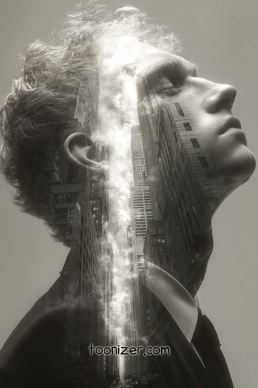 Double exposure: man and cityscape.
