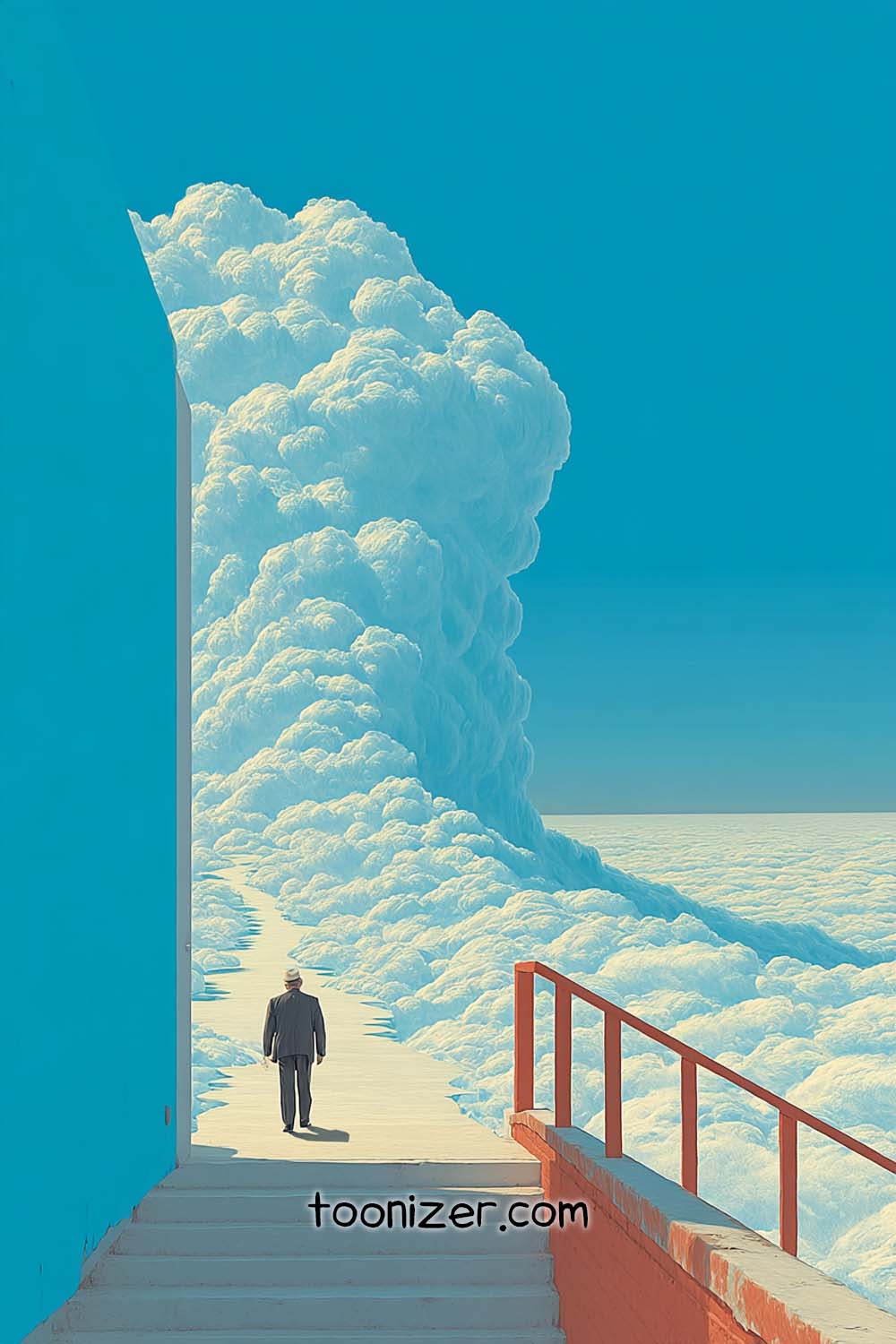 Man walking towards cloud pathway in surreal landscape