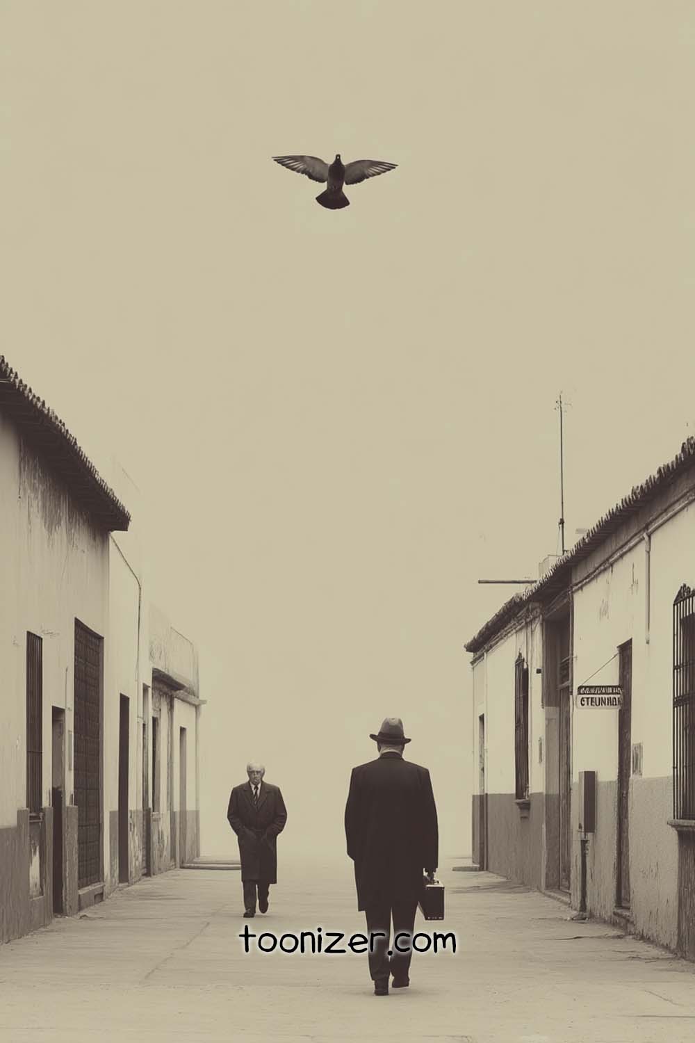 Two men walking, bird flying overhead.