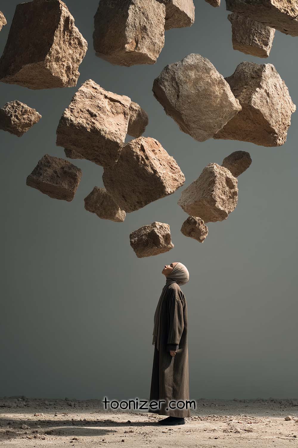 Person gazing at levitating rocks, surreal scene