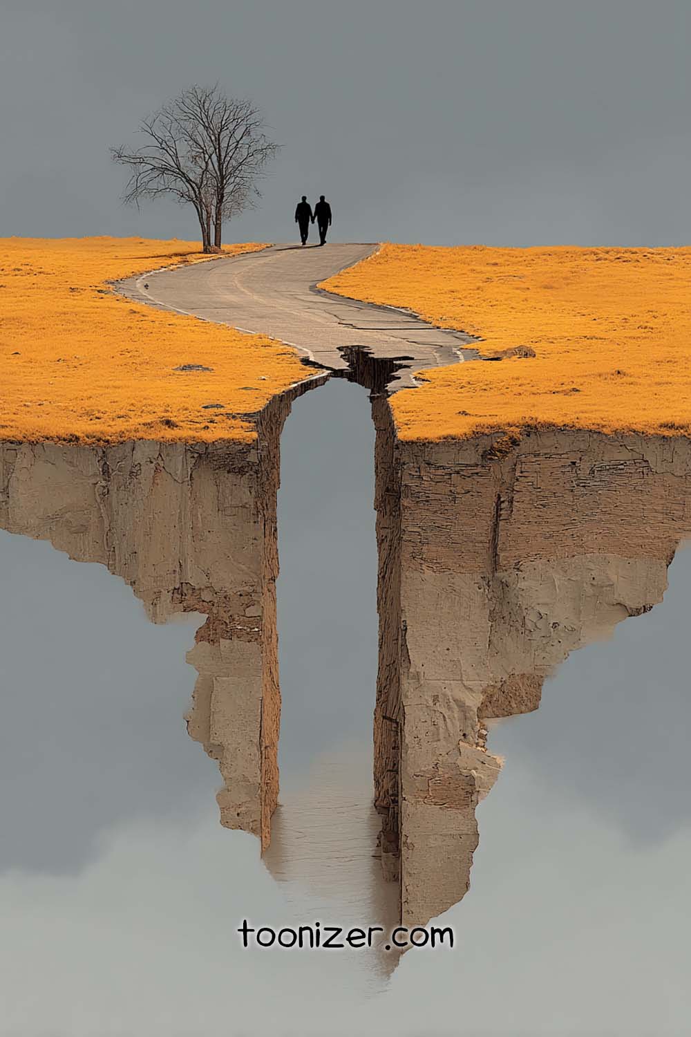Surreal landscape with road, cliff, and two figures.