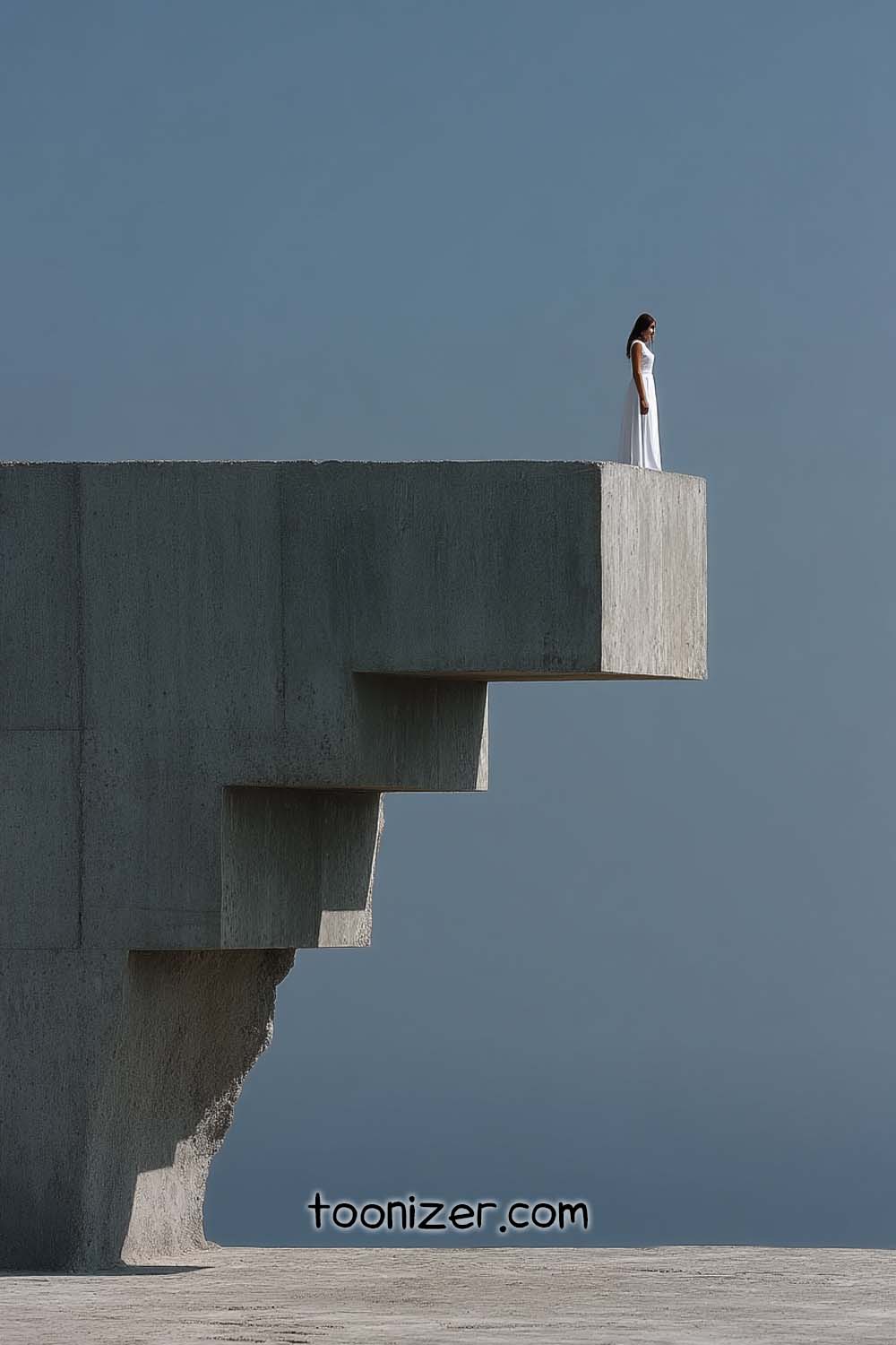 Woman in white dress on concrete ledge