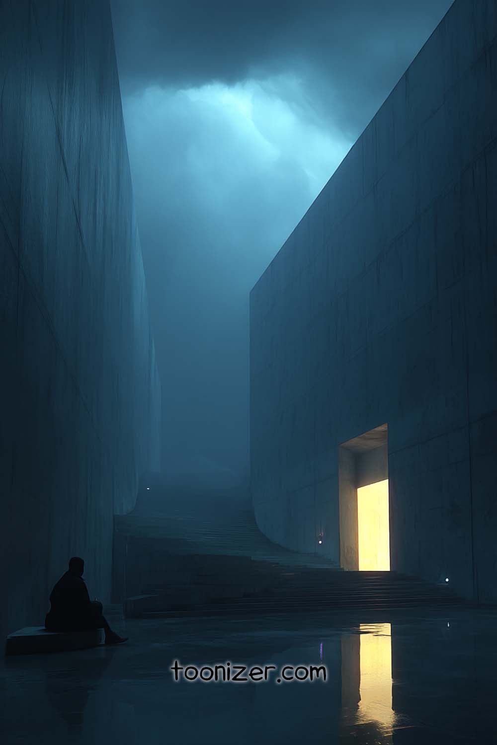 Moody alleyway lit by bright doorway at night.