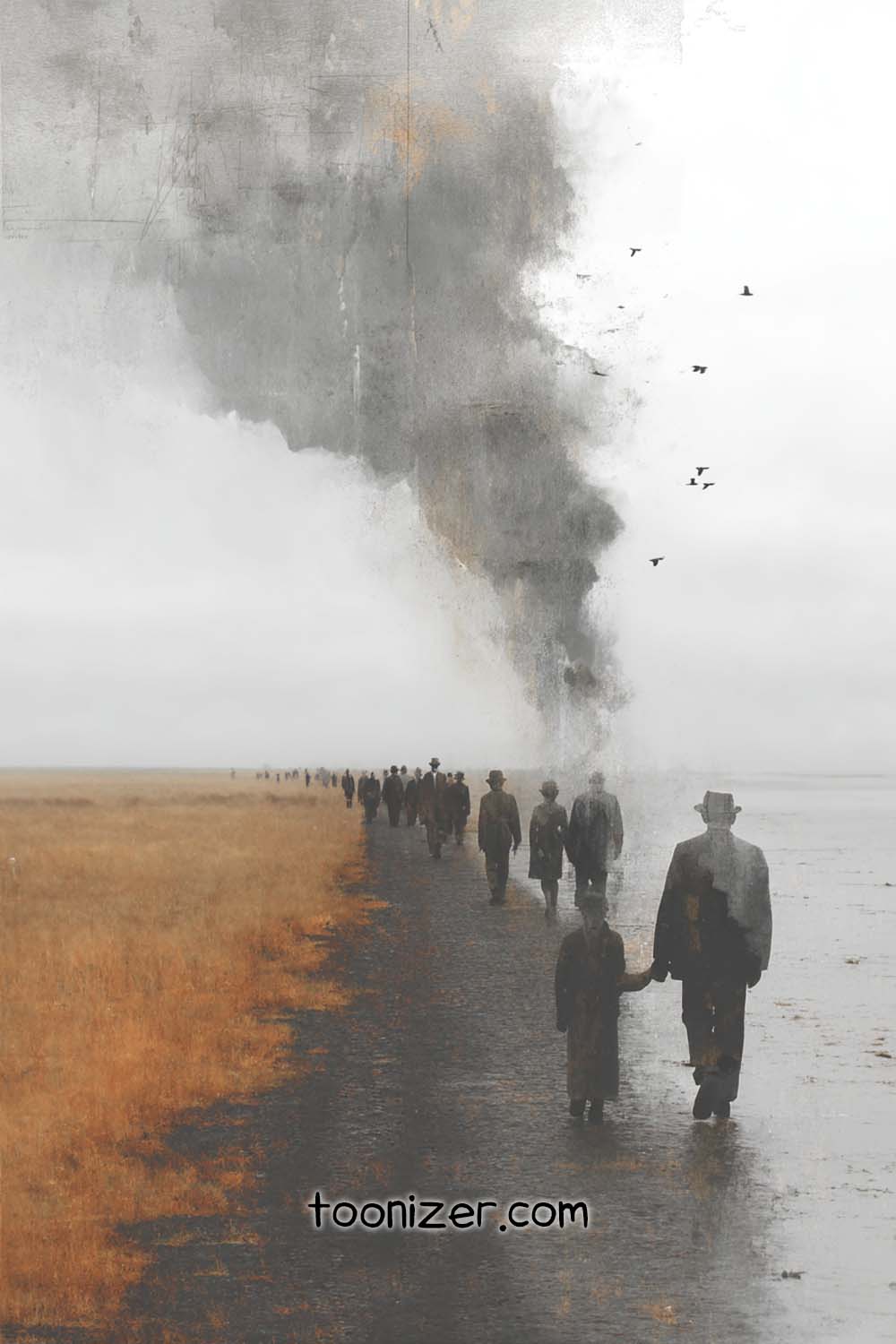 People walking on path under cloudy sky