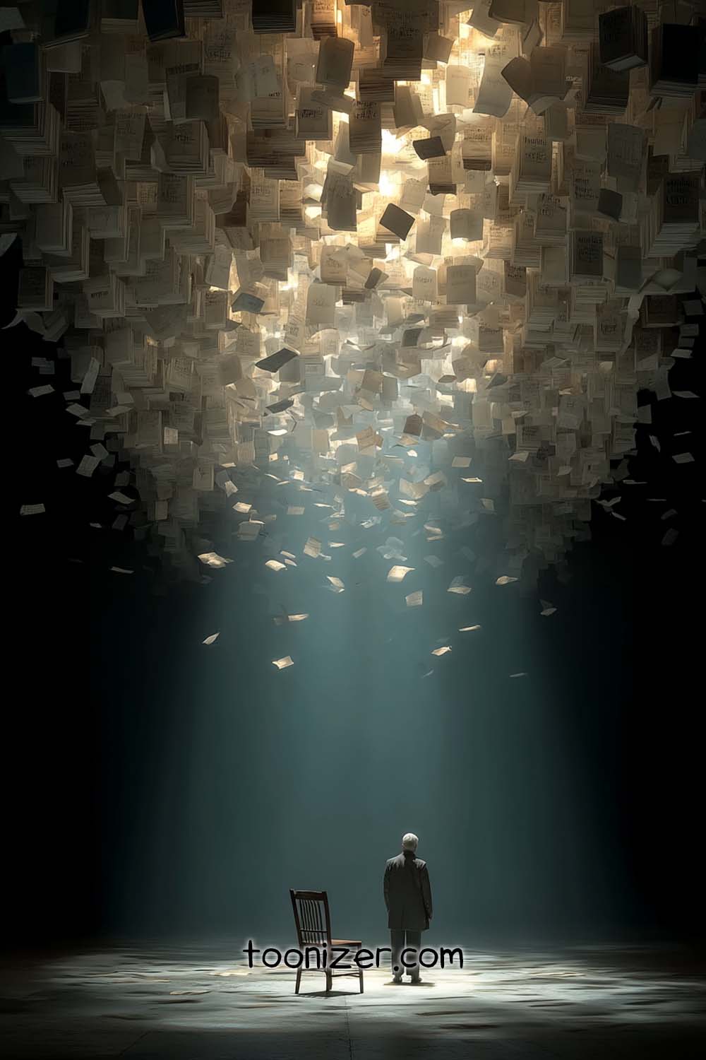 Man in spotlight, surrounded by floating papers.