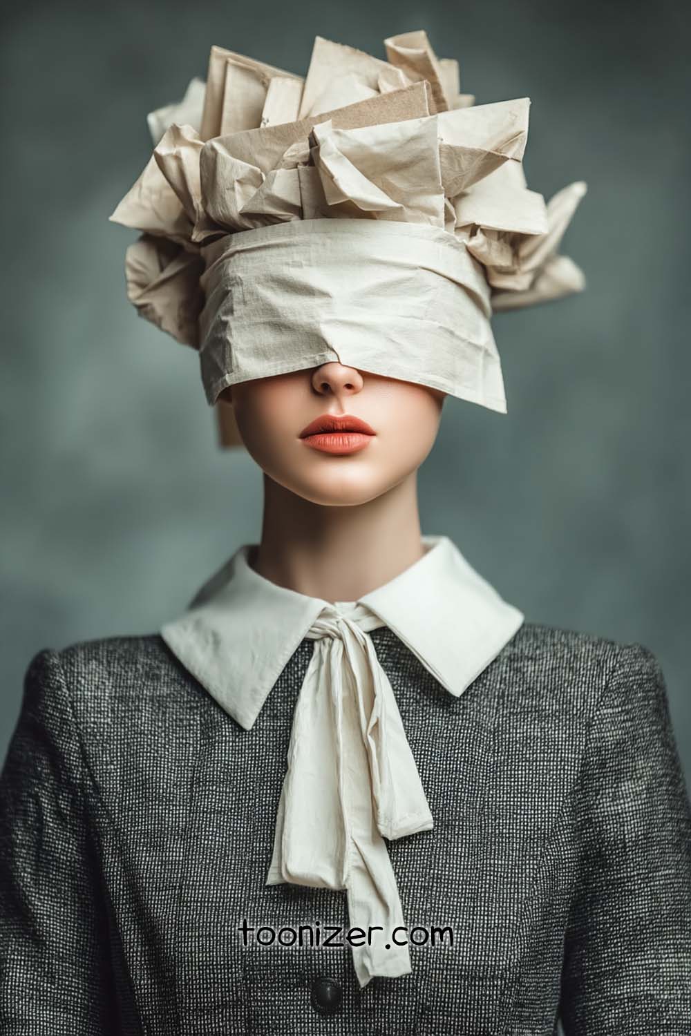 Person with paper hat and blindfold in suit.