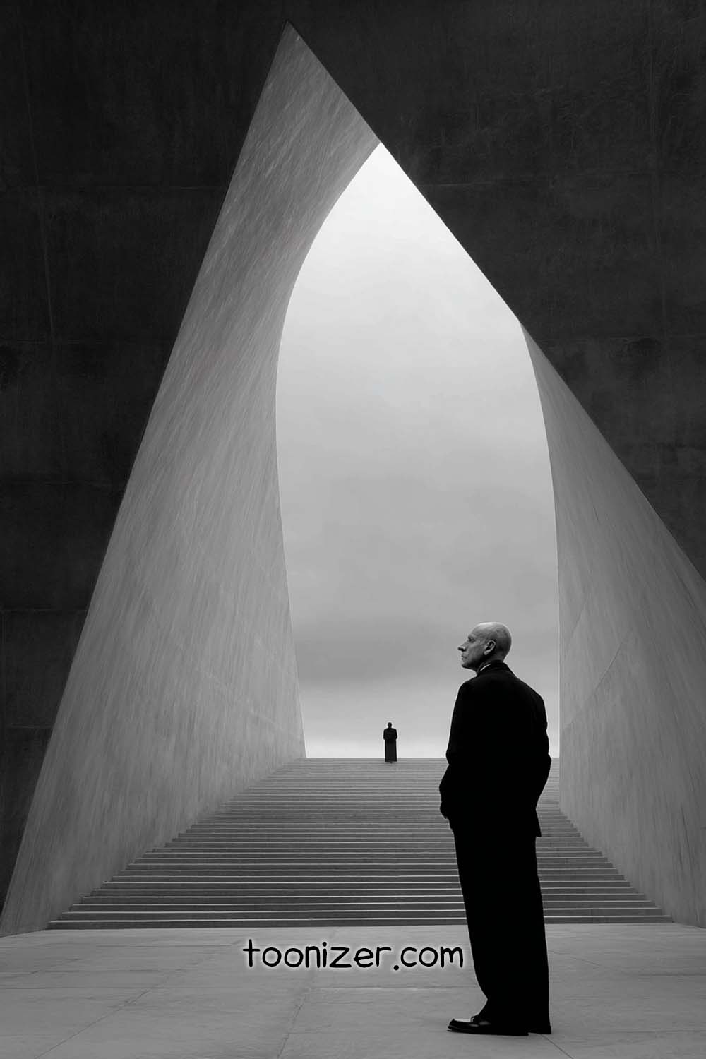Man standing in modern architectural passage, black and white.