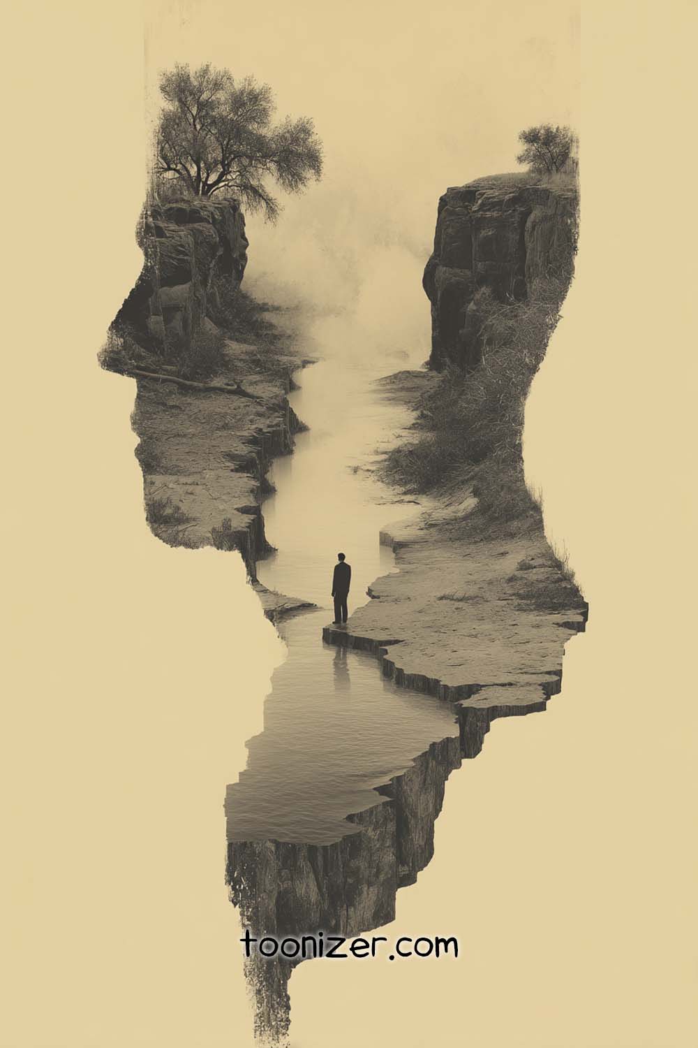 Surreal landscape merging with face silhouette