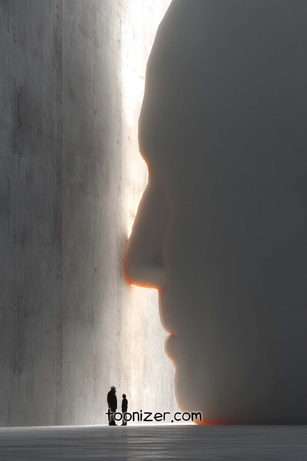 People standing near massive sculptural face on wall.