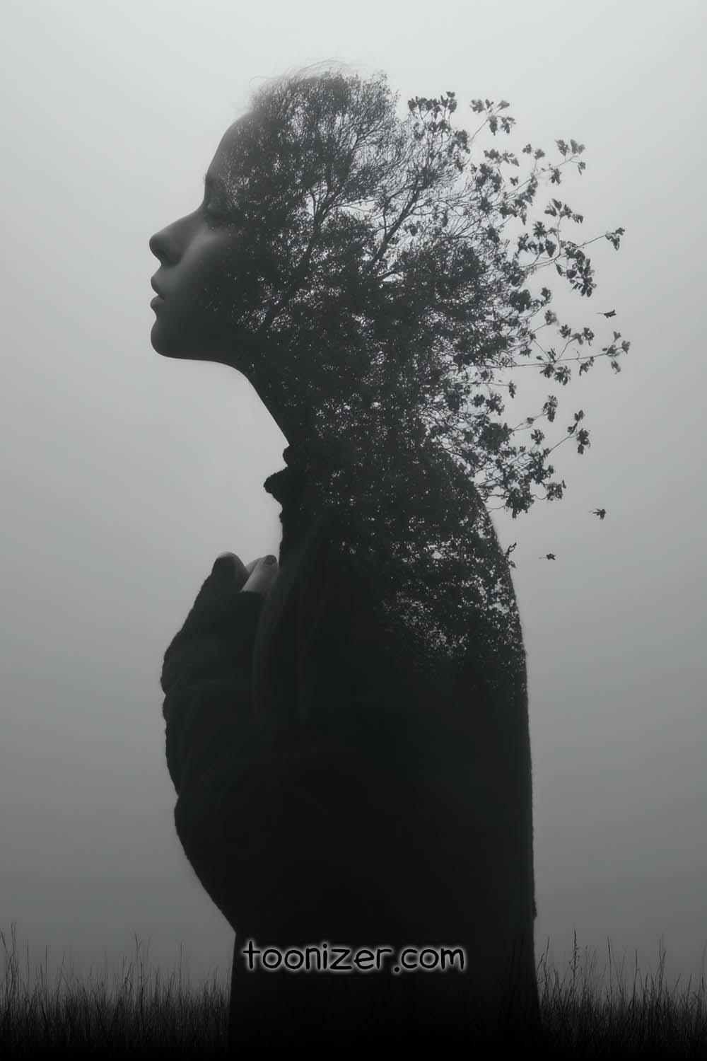 Silhouette with tree branches in hair, nature integration.