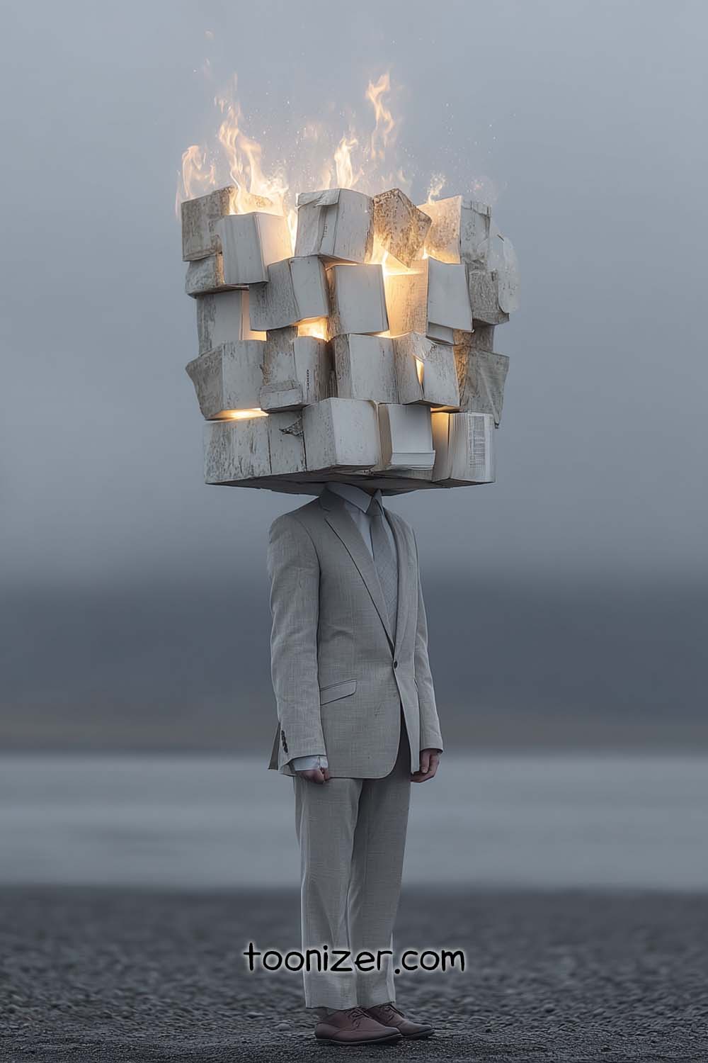 Surreal figure with flaming book head.