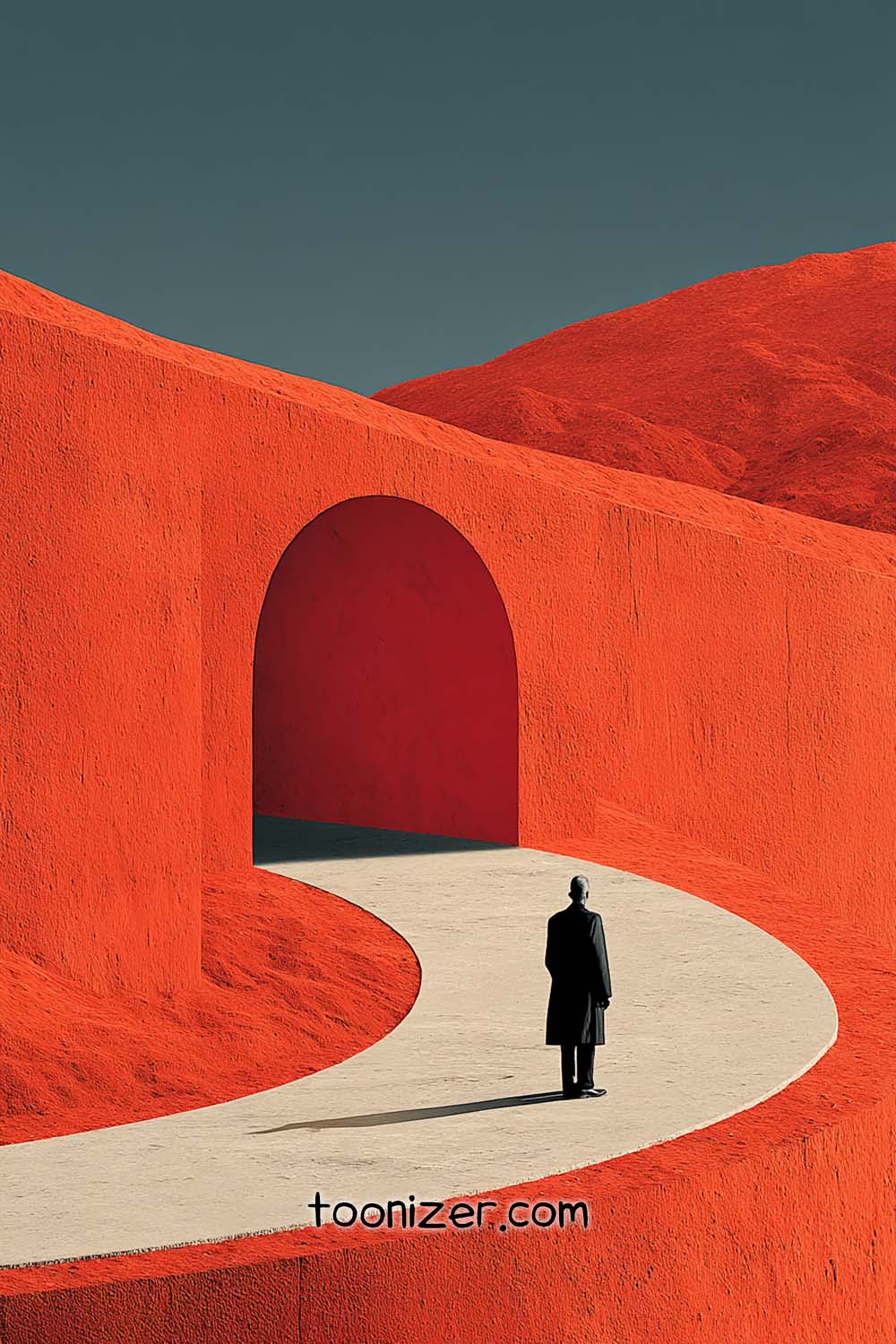 Person on winding path, orange surreal landscape