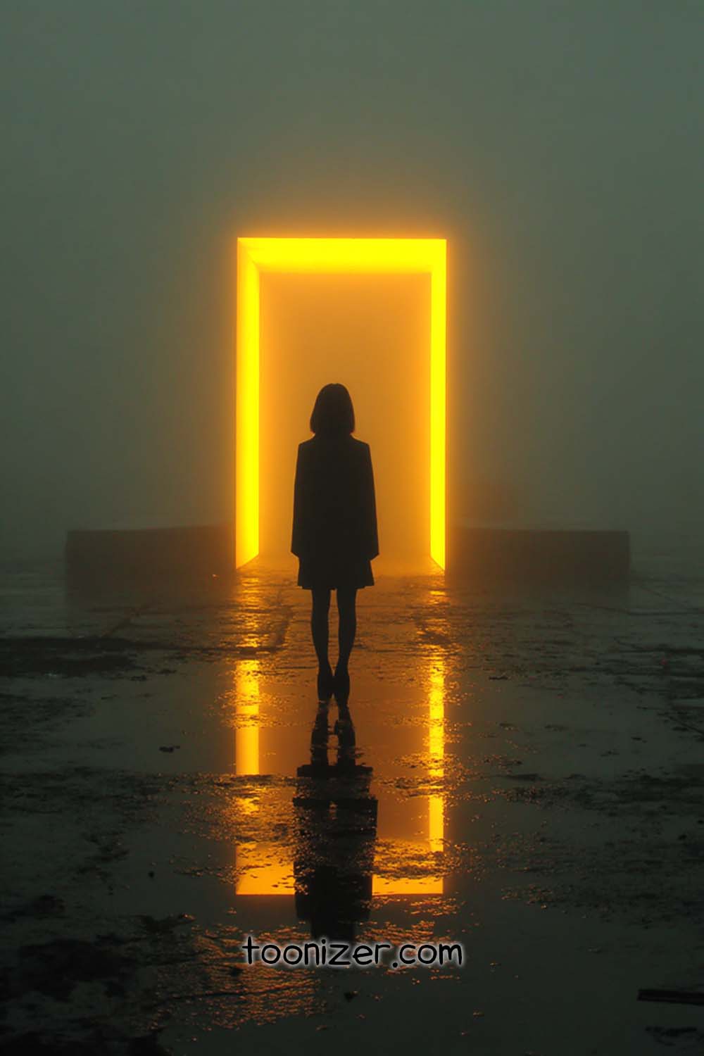 Silhouette in front of glowing yellow doorway