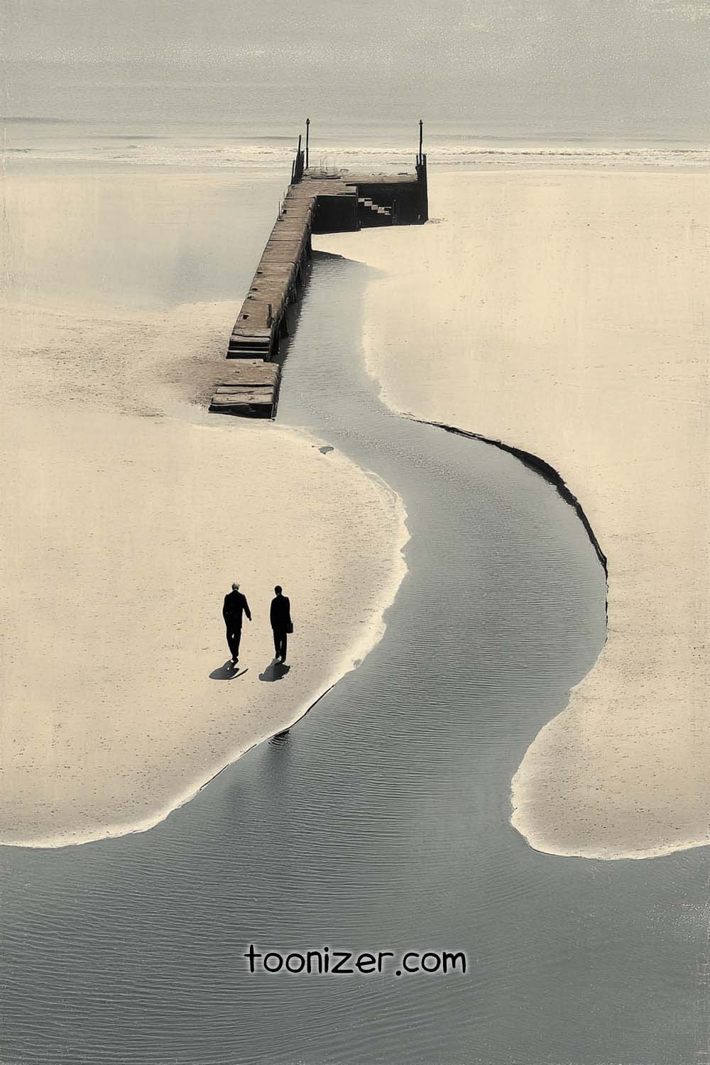 Two people walking on beach beside pier