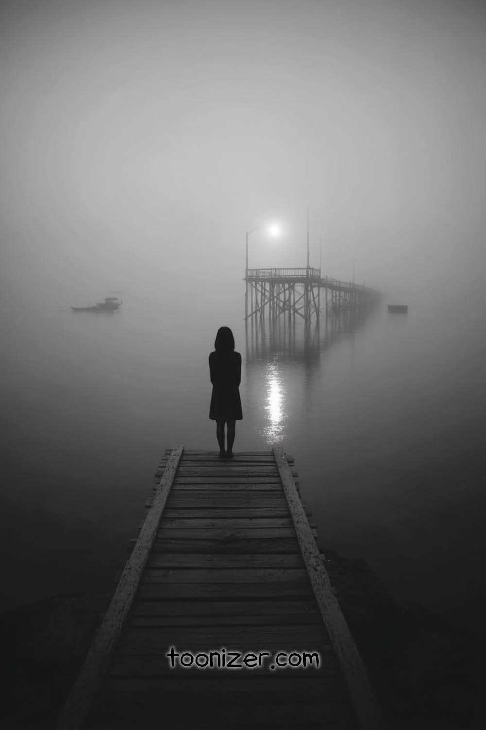 Person on dock in foggy night