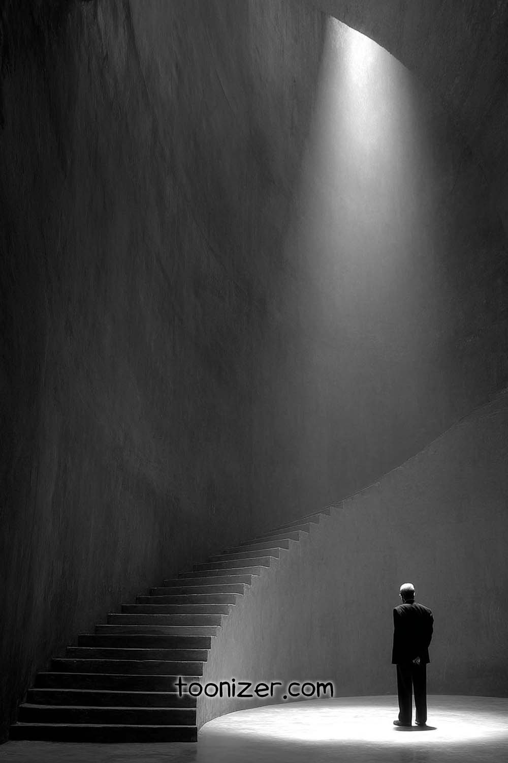 Silhouette in spotlight under spiral staircase.