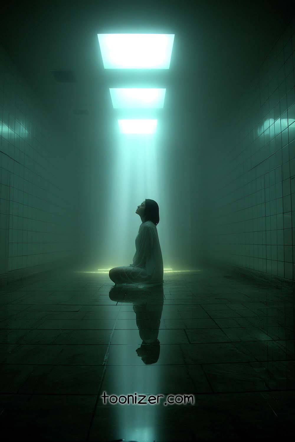 Silhouette in misty corridor under bright lights