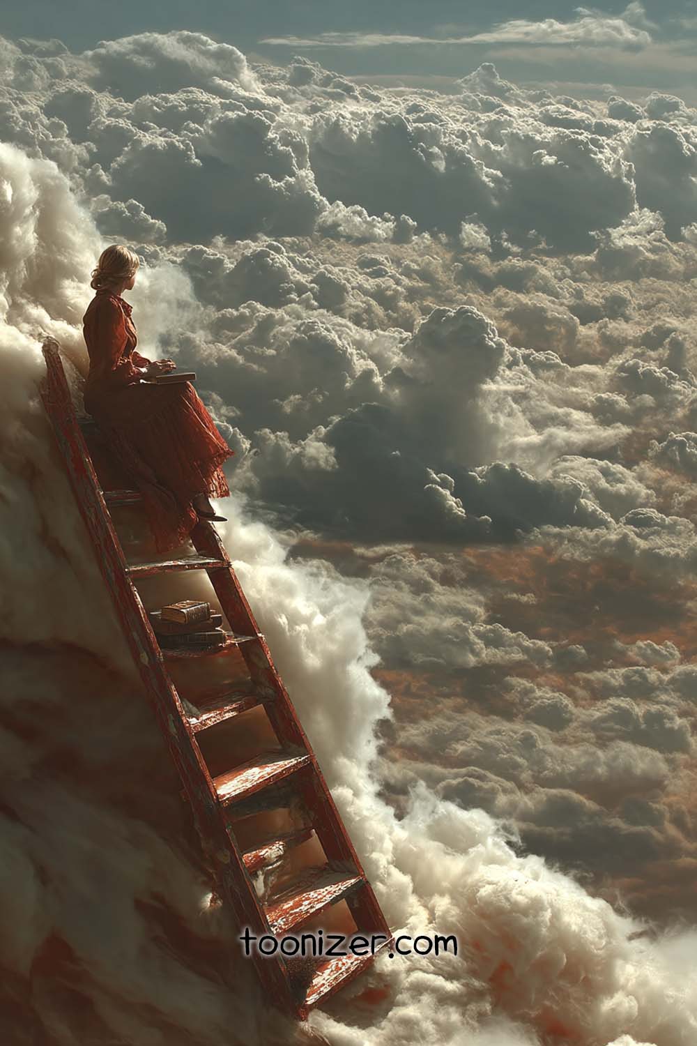 Woman on ladder above clouds with books