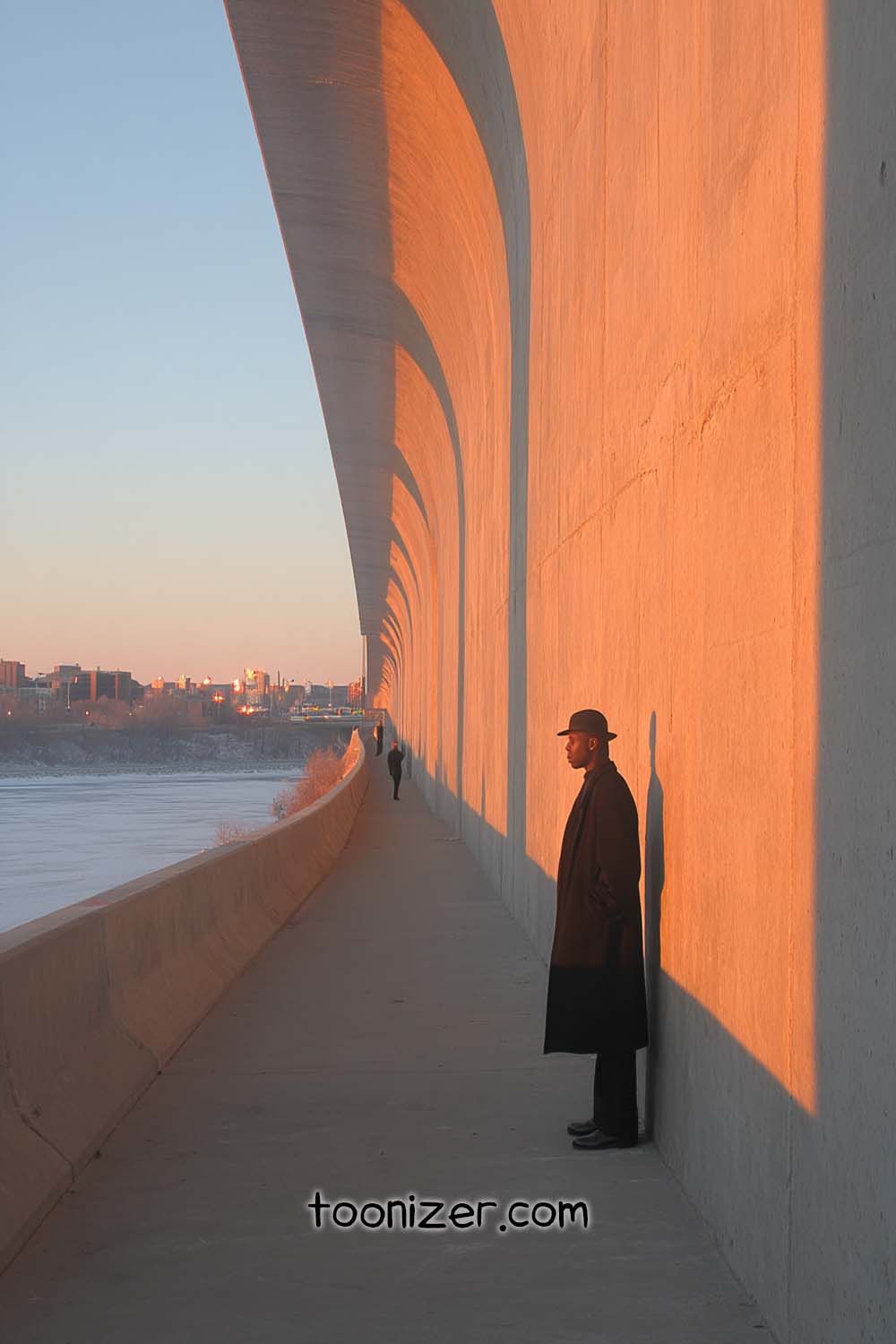 Person in hat standing beside sunlit wall