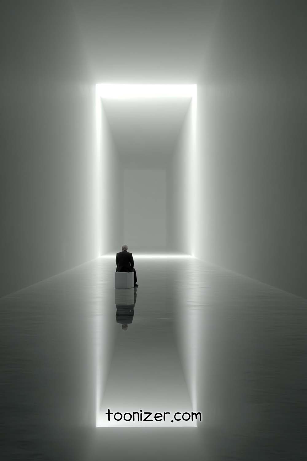 Person seated in illuminated hallway, futuristic atmosphere.