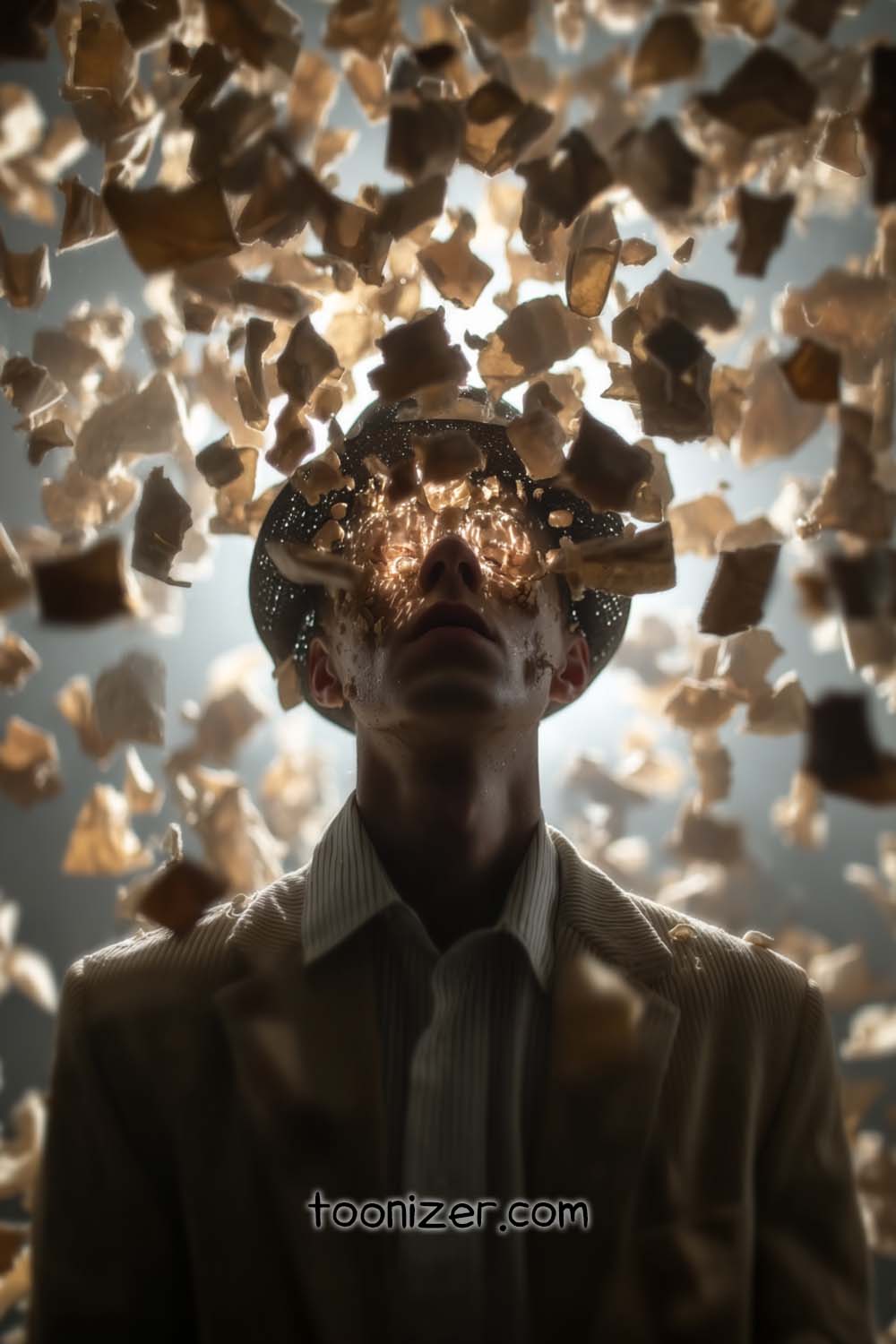 Man with glowing eyes surrounded by debris