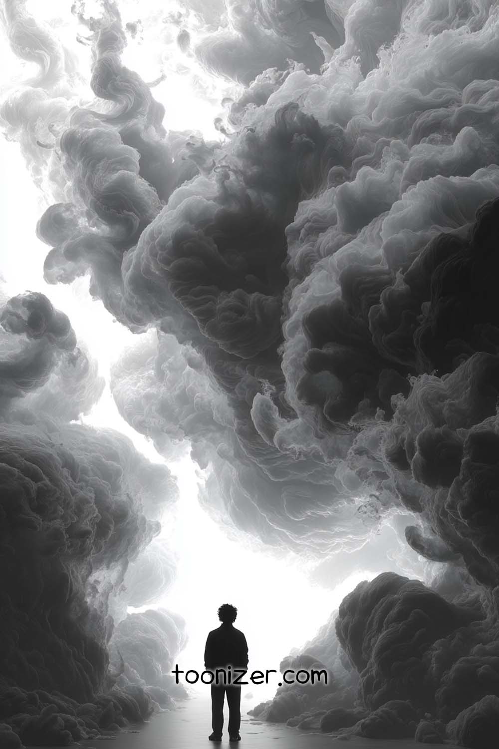 Silhouette facing dramatic swirling clouds.