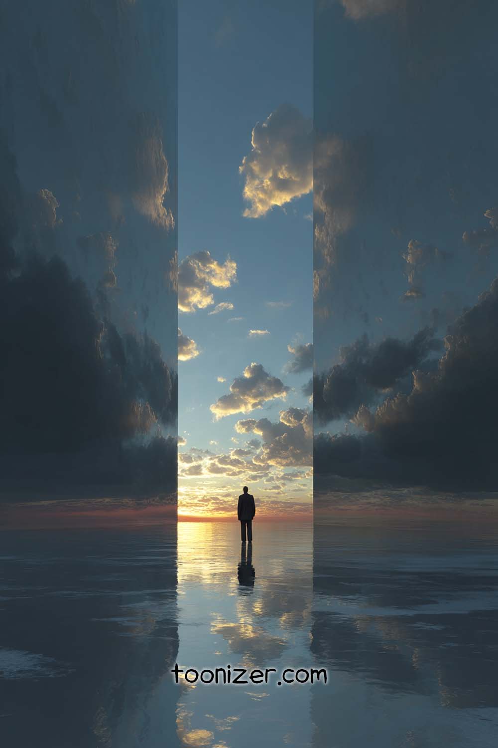 Silhouette of person on reflective surface at sunset.