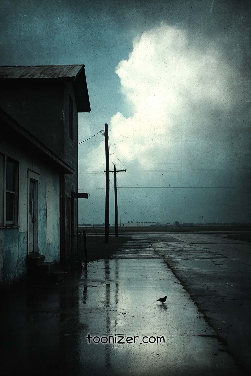 Rural stormy scene with wet road and bird