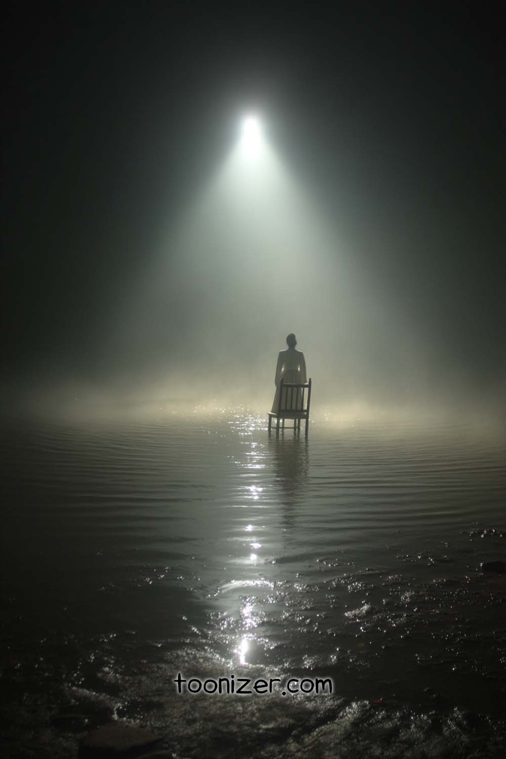 Person on chair in spotlight, misty water reflection.