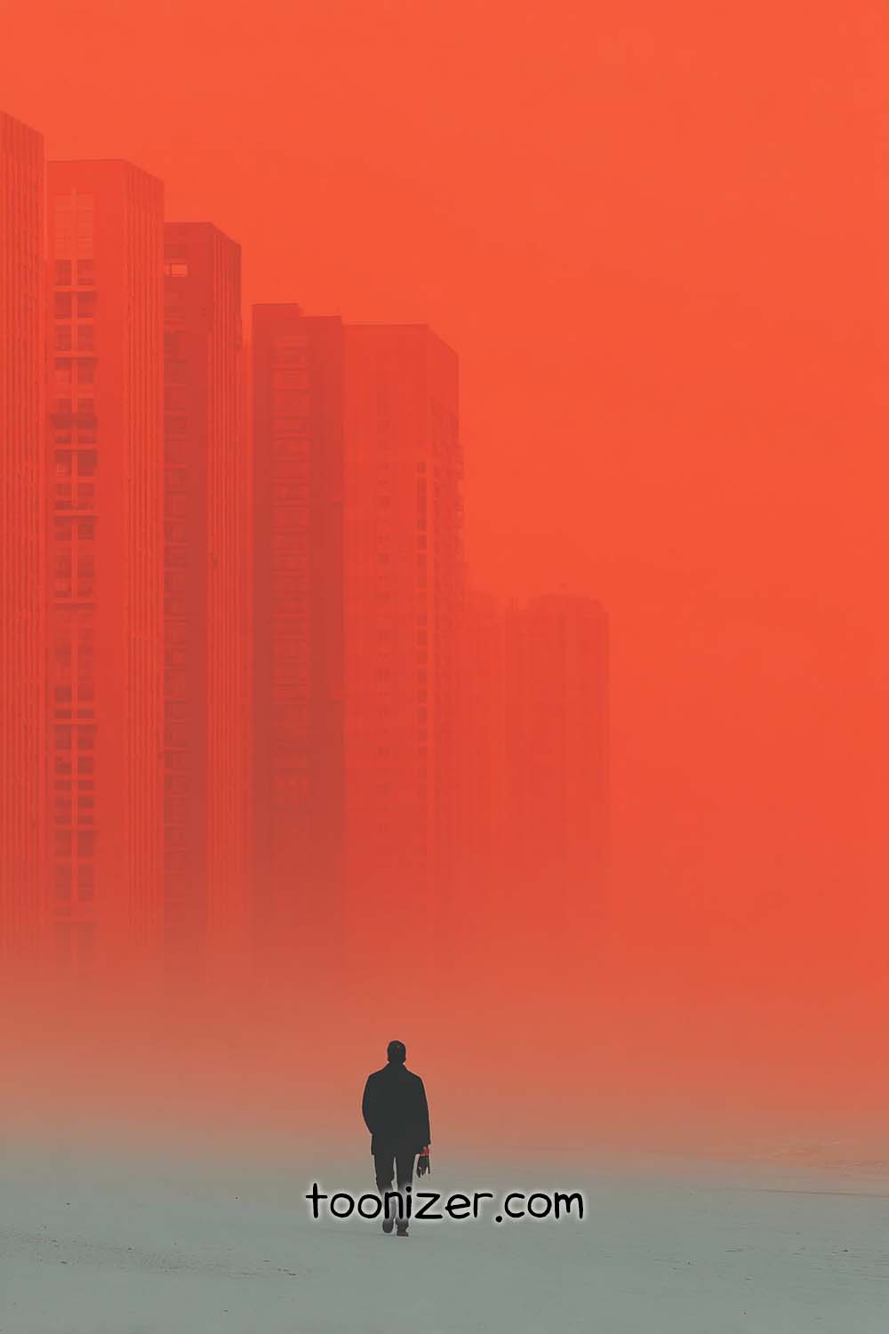 Person walking in foggy city with orange sky.