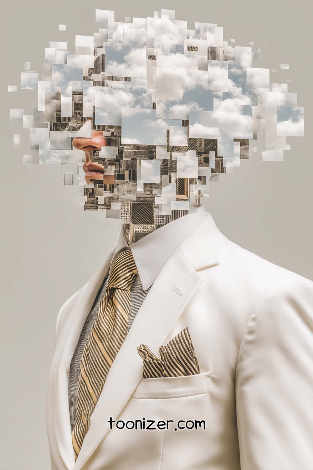 Surreal fragmented cityscape head in suit